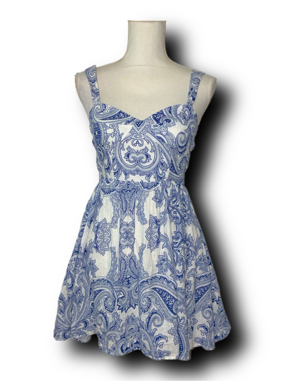 Zara Blue Paisley Print Sweetheart Mini Summer Sundress Cotton and Linen Blend - Picture 4 of 9
